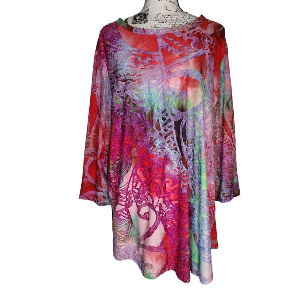 Caleaas 1X Tunic Top, Lagenlook Art to Wear, Artsy, Abstract Print Bright Color